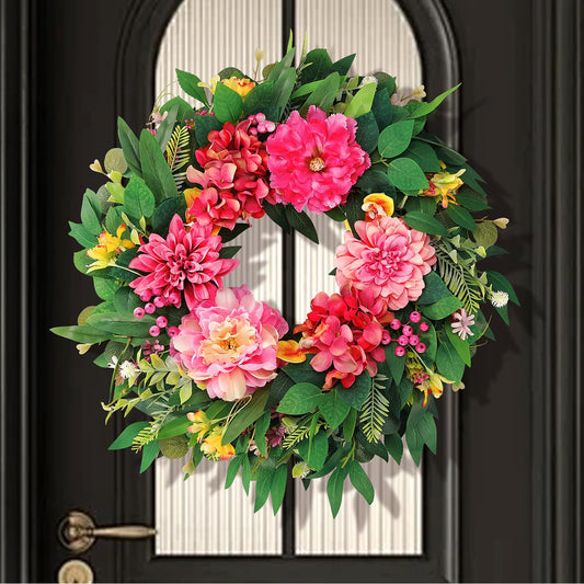 Spring Summer Wreaths for Front Door Outsid 22–24 Inch Handmade Spring Door Wreath with Peony, Dahlias & Hydrangea, for All Season Indoor Outdoor Farmhouse Home Porch Wall Window Decor
