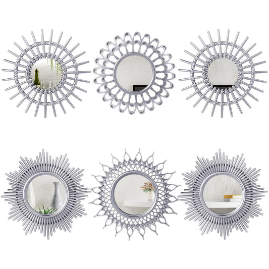 Namalu 6 Pcs Mirrors - Small Circle Sun Mirrors for Decorative Wall Art - Entryway, Bathroom, Bedroom, Living Room (Silver, Classic)