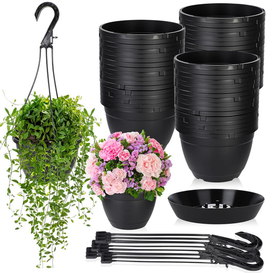 Roshtia 50 Pcs 6.3 Inch Plastic Hanging Pots for Plants Bulk with Hooks Hanging Basket Planters Pots Drainage Tray Nursery Planter Holder for Outdoor Indoor Plants Flowers Garden Balcony Porch Black