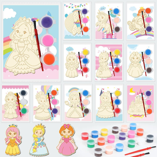 24Pcs Princess Party Favors Birthday Supplies Decorations-Cards with Art Crafts Castle Fairies DIY Wooden Painting Craft Kits Thank You for Coming Gifts Bulk Goodie Bags Stuffers Prizes for Kids Girls