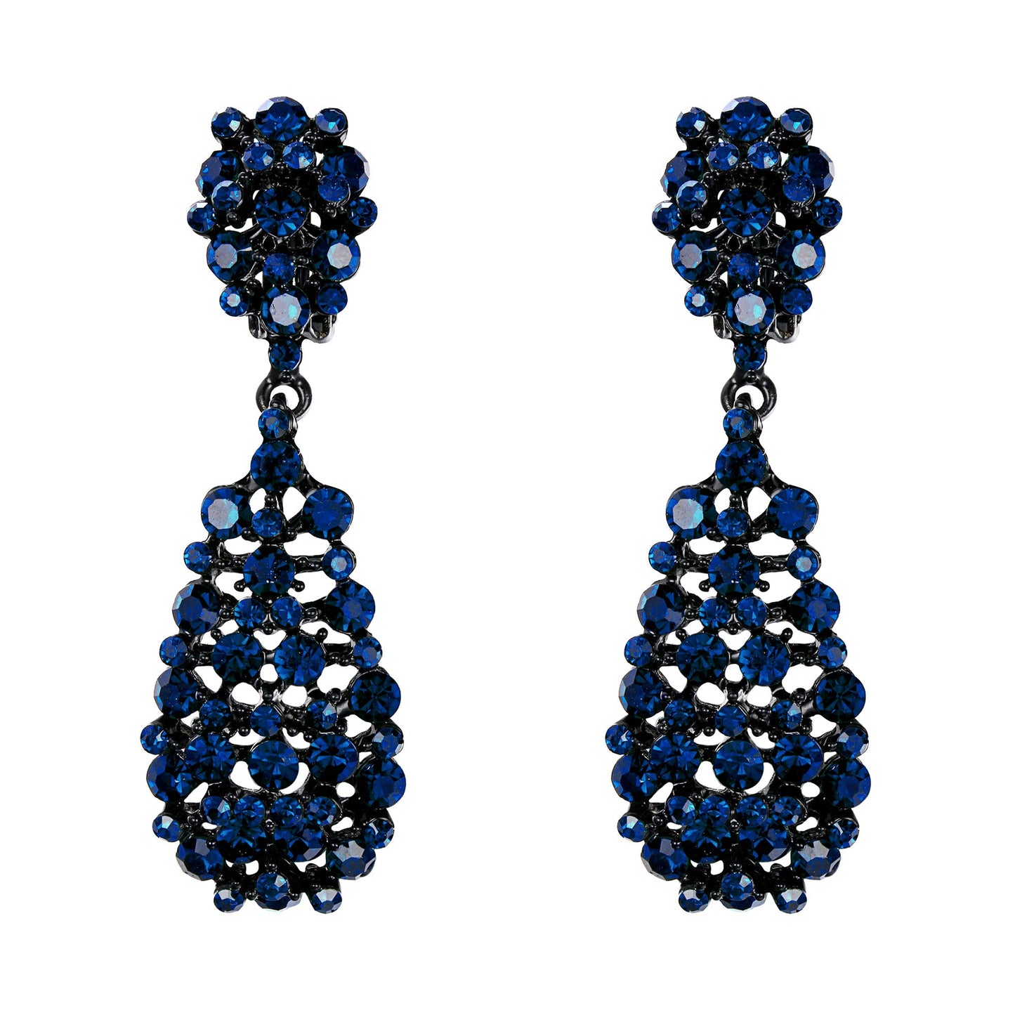 EVER FAITH Women's Jewelry Crystal Hollow-out Teardrop Vintage Inspired Dangle Clip-on Earrings Navy Blue Black-Tone