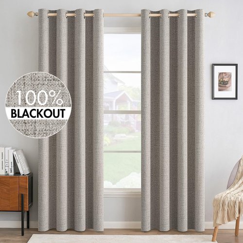 MIULEE 100% Blackout Linen Textured Curtains - Thermal Insulated Room Darkening Drapes | Warm Taupe, 52 x 84 Inch (2 Panels)