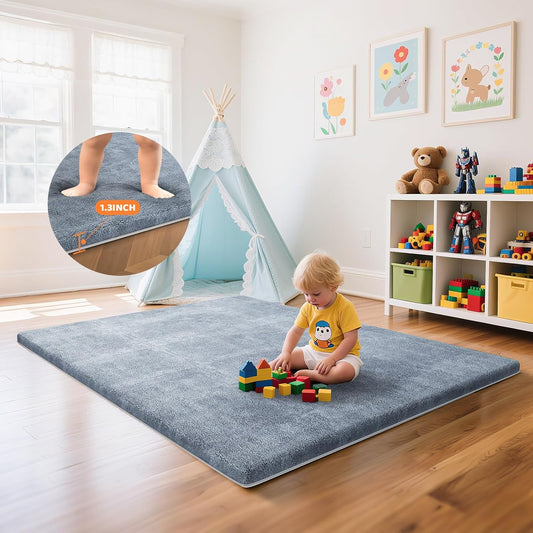 Omzer Baby Play Mat - 1.3" Thick Foam Tummy Time Mat | 65x50 Inch Non-Slip Crawling Pad - Grey Coral Velvet