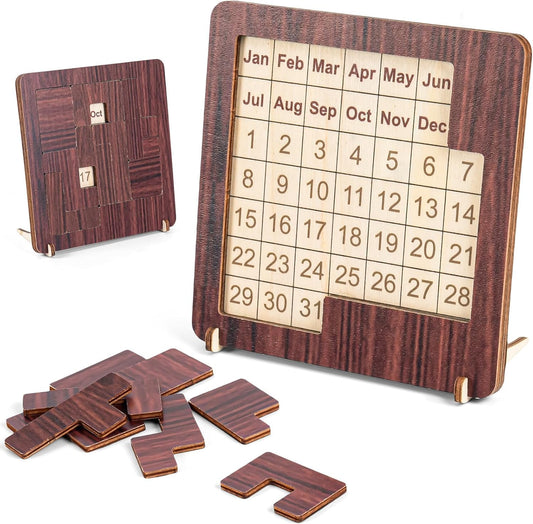 Wooden Calendar Puzzle - 365-Day Interactive Date Tracker | Logic Challenge Desk Decor for All Ages