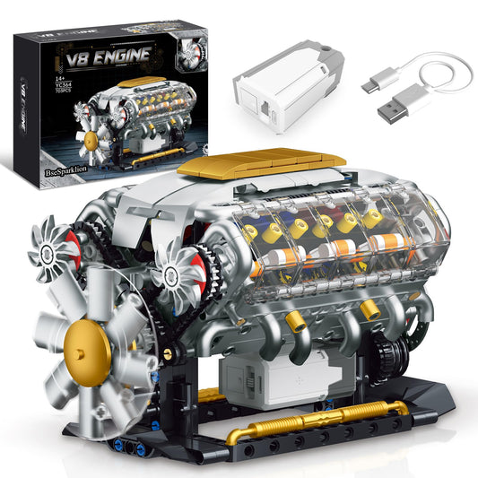 BseSparklion V8 Engine Model Kit that Runs, Build Your Own Mini Visible Car Motor, Physical Science Experiment Building Set for Adults & Teens, STEM Toy Gift for Boys 14+ (703 PCS)
