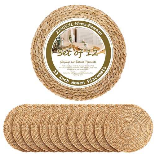 13 Inch Placemats Set of 12, Boho Round Rattan Place Mats for Dining Table Decor, Rustic Woven Chargers for Dinner Plates, Outdoor Patio, Farmhouse Wedding, Water Hyacinth Wicker Braided Placemat