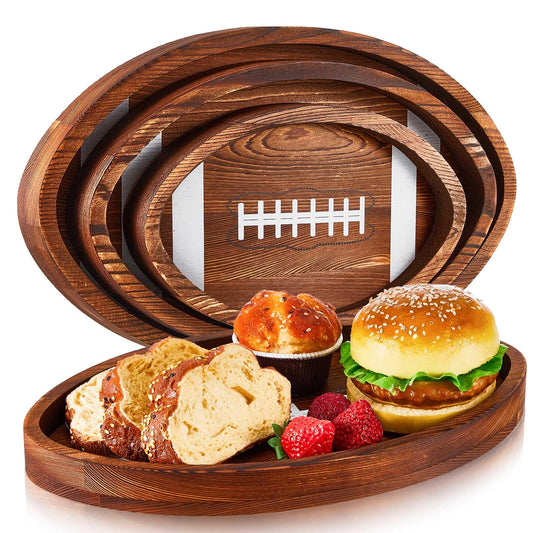 Geetery 3 Pcs Football Serving Trays and Platters Wooden Shaped Football Plates Soccer Serveware Tailgate Party Serving Platter for Game Party Decorations, 13'', 11'', 8.7''