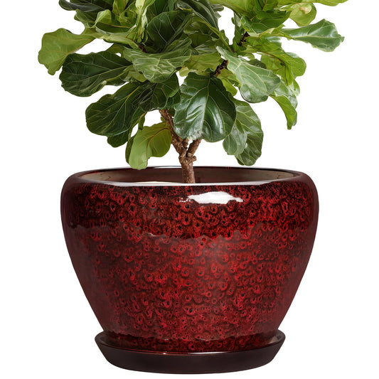 Thirtypot Ceramic Plant Pots - 10 Inch Planters for Plants Indoor Outdoor, Round Plant Pots with Drainage Hole and Saucer, Decorative Indoor Planter, Office Decor, Gifts for Plant Lovers, Red Leopard