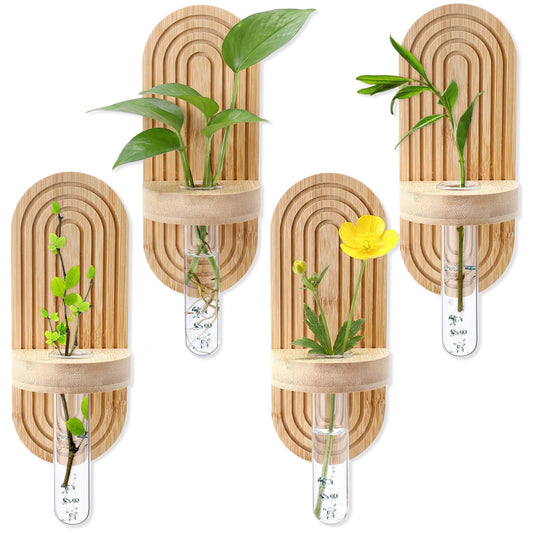 Beeveer 4 Sets Hanging Plant Propagation Stations Bamboo Wood Wall Mounted Test Tube Vase Rustic Decorative Glass Planter Holder Gift for Women Plant Lover Hydroponic Flowers Home and Office Decor