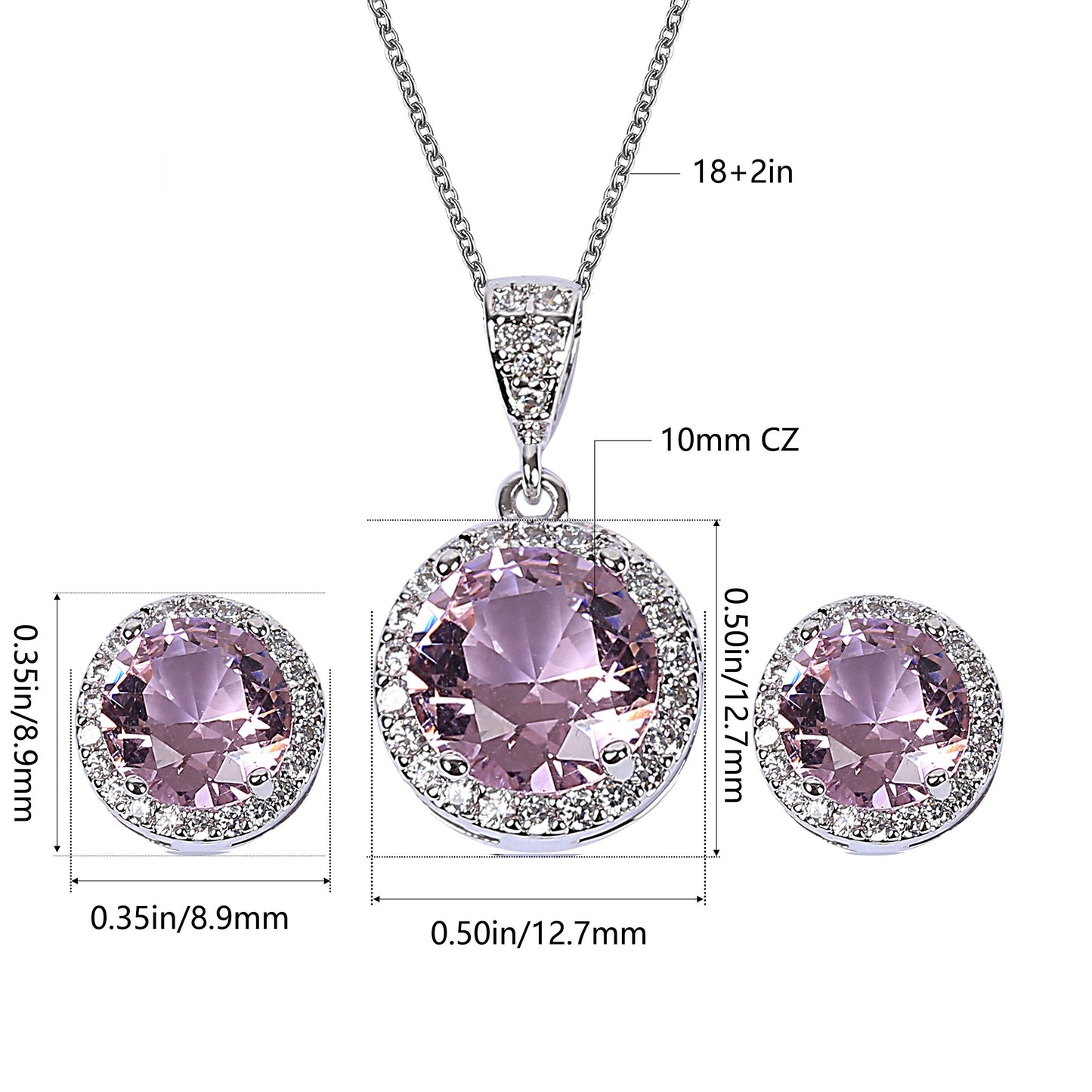 AMYJANE Bridal Jewelry Set for Women - Sterling Silver Round Pink Crystal Cubic Zirconia Pendant Necklace Earrings Set for Wedding Bride Bridesmaids Party Prom Valentine's Day Jewelry Accessories