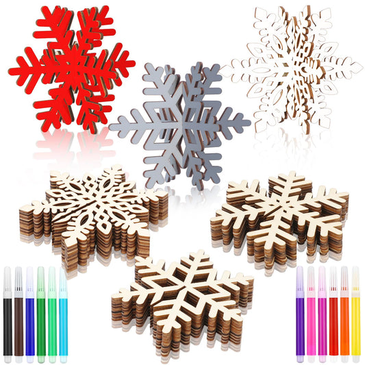 Blosssound 48 Pcs Winter Crafts Set 36 Pcs 3D Wood Snowflake Cutouts Wooden Unfinished Snowflake Slices to Paint with 12 Colored Marker for Winter Wonderland Decoration Christmas DIY Handmade Project