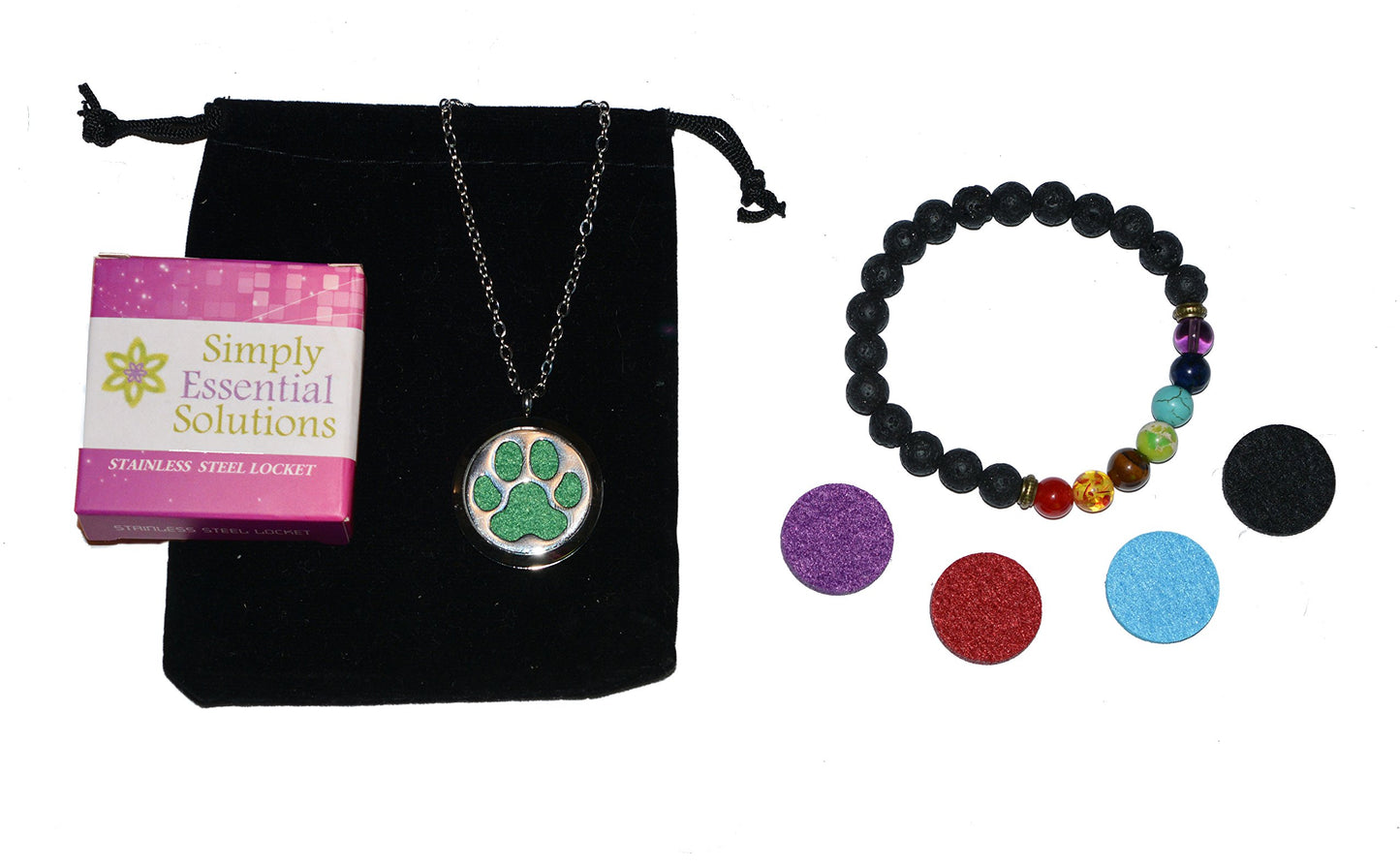 Aromatherapy Essential Oil Diffuser Stainless Steel 30MM Silver Magnetic Locket Pendant with Chain Necklace and Colored Refill Pads & Diffuser Bracelet All in a Velvet Bag (Dog Paw)