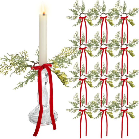 Suncalla Christmas Pine Taper Candle Rings - 12 Pcs Velvet Bow Mini Holders | 1.38 Inch Burgundy Decor