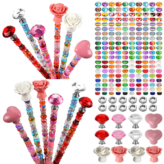 Tigeen 236 Pcs Garden Stake DIY Fairy Wand Plant Stake with 12 Colorful Crystal Stopper Top 12 Threaded Rod with 200 Large Hole Bead for Spring Summer Holiday Outdoor Decorations(Ceramic Rose Heart)
