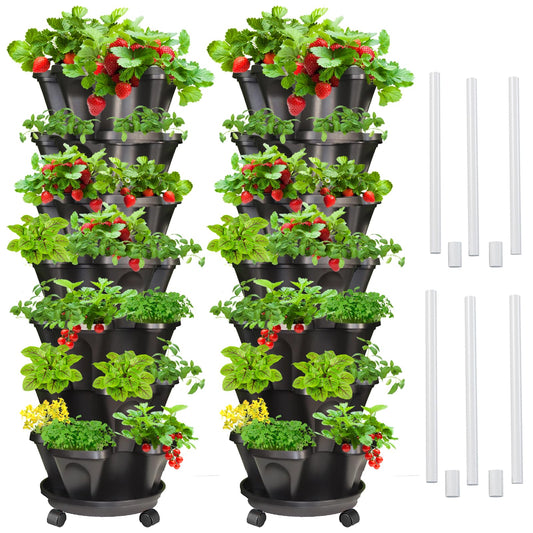 Tectsia Strawberry Vertical Planter 2 Pack, 7 Tiered Stacking Garden Tower, Stackable Herb Vegetable Planters with Support Pole Indoor Outdoor Black