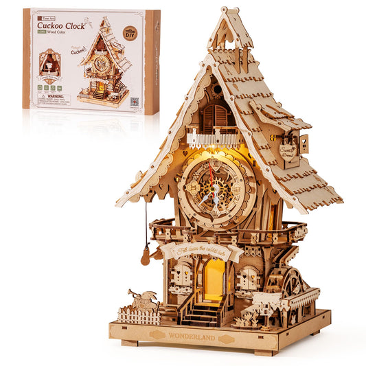 ROBOTIME 3D Wooden Puzzles for Adults-Cuckoo Clock Wooden Models for Adults to Build-435 Piece Model Kit with 2 Lights-Gift for Craft Enthusiast Model Building Set (Natural)