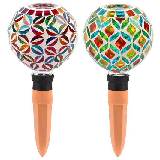VOREEN Mosaic Plant Watering Globes with Terracotta Spikes, Decorative Glass Watering Globes for Potted Plants, Garden Accent & Thoughtful Gift, Set of 2