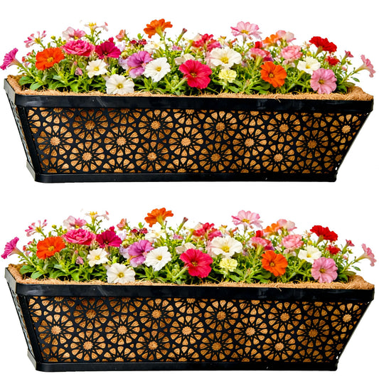 SMYAXUNW 2 Pack 24 Inch Black Metal Manger Coconut Palm Flower Pots Wall Mounted Home Flower Pot Hanging Basket Flower Pot Hanging Basket for Gardening, Balcony, Garden and Patio