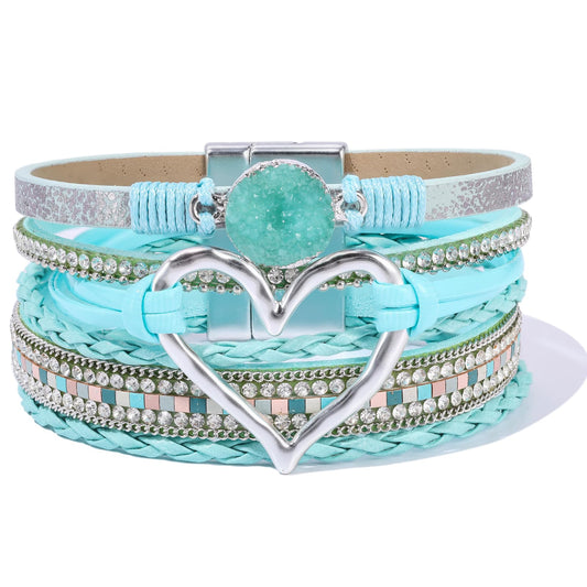Becklynn Boho Leather Wrap Bracelets Beaded Crystal Stackable Cuff Bracelet with Magnetic Clasp Cowboy Cowgirl County Concert Outfits Western Jewelry Gifts for Women(Heart Teal)