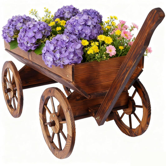 Tomkate Wagon Flower Planter Cart – Movable Wooden Raised Garden Bed on Wheels with Handle, Rolling Pot Stand for Outdoor Plants, Decorative Garden Planter, Durable Brown Wood Wagon for Patio & Yard