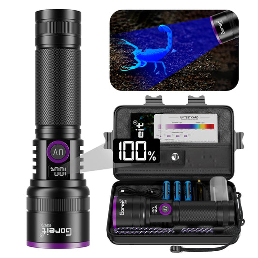 Goreit 365nm Black Light with Filter Lens - 30w Strong UV Light Flashlight Rechargeable with LCD Display Ultraviolet Blacklight for Pet Urine Detection/Resin Curing/Rocks/Scorpion/Blood Tracking