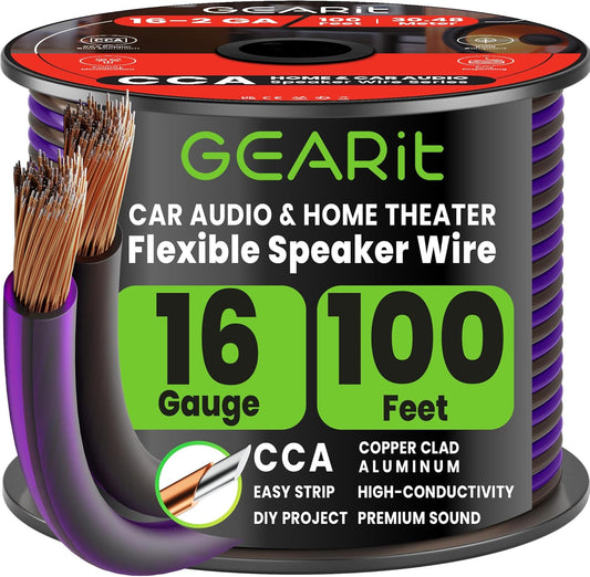 16 100 ft,16 GEARit Gauge Speaker Wire Gauge Wire with Foot Markers & Polarity Markings,Flexible Speaker Cable for Car