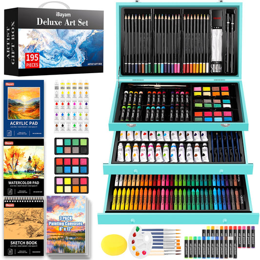iBayam Arts and Crafts Kits for Adult, 195-Pack Deluxe Art Set Box with 3 PCS Drawing Pads, Canvases, Acrylic Painting, Drawing & Art Supplies for Pumpkin, Halloween, Christmas