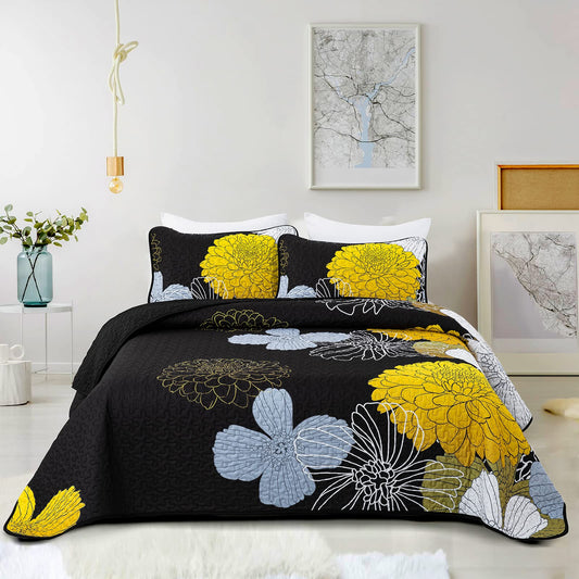 Yellow Floral Quilts California King Size Coverlet Set - 3 Pieces Lightweight Black Cal King Bedspread with 2 Pillowcases - All Season Soft Microfiber Reversible Bedding Quilt Set (Yellow/Black)