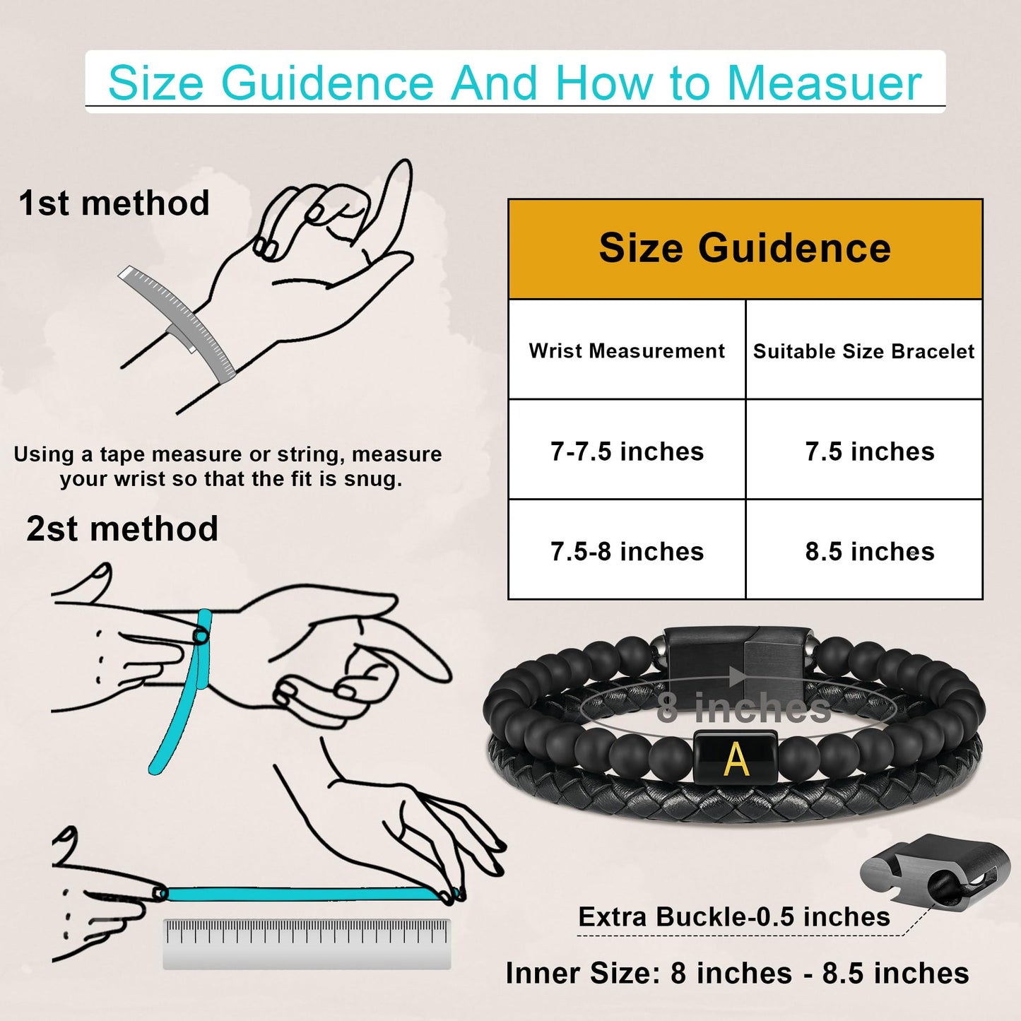 Bracelets for Men - Men Gifts Matte Agate Bead Magnetic Clasp Black Mens Leather Bracelet with Initial Black Mens Leather Bracelets Initial D Bracelet for Men's Jewelry Men's Gifts for Dad Husband Him