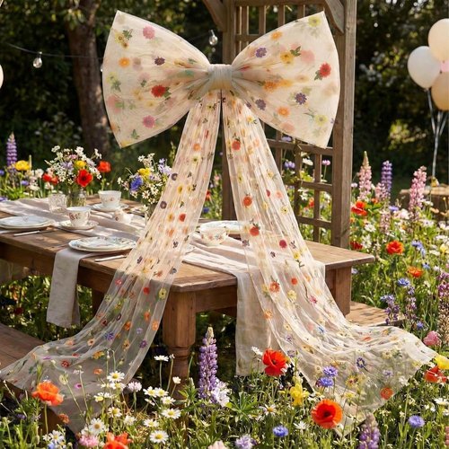 Canlierr Extra Large Floral Tulle Bow Decorations - 39 x 59 Inch Champagne Organza Bow with Long Ribbon Tails for Spring Wedding Backdrop & Room Decor