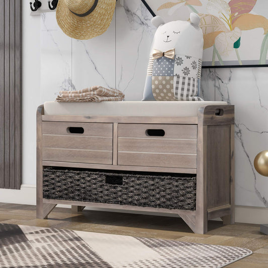 ROOMTEC 32″ Storage Bench with Removable Basket and 2 Drawers, Fully Assembled Shoe Benches with Removable Cushion for Living Room, Entryway, Bedroom, White Washed