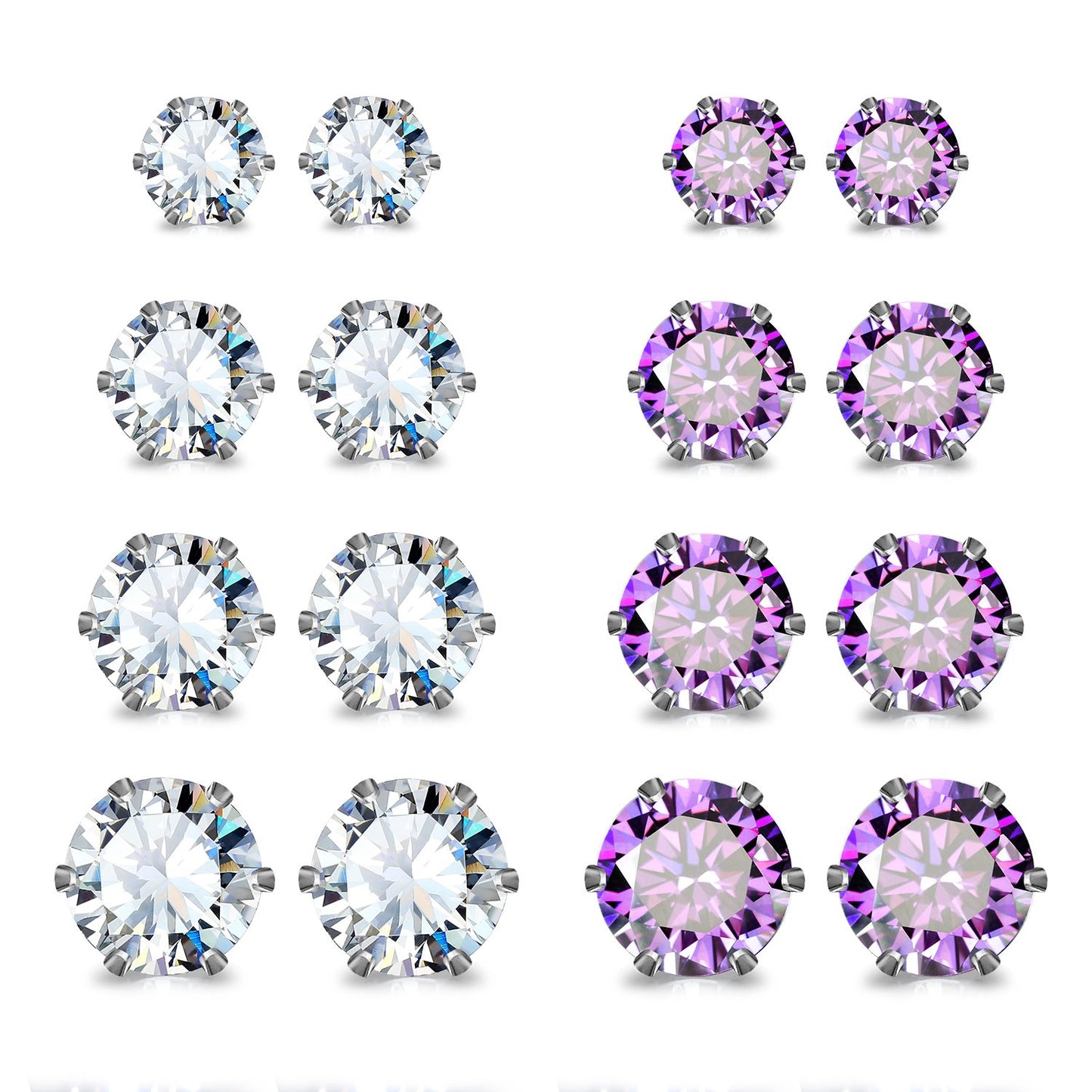 JewelrieShop Earrings for Women Studs Set Stainless Steel CZ Earing Hypoallergenic Multiple Piercing Ear Stud (8 pairs,4-8mm,White,Purple CZ)