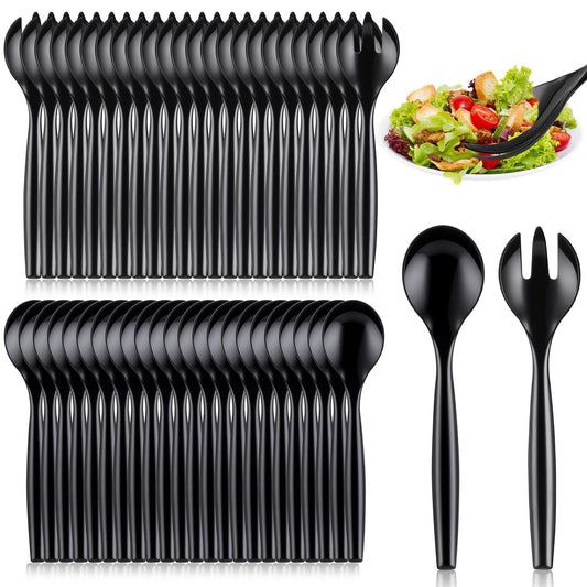Mwellewm 48 Pcs Serving Spoons 10'' Large Plastic Serving Utensils Set Slotted Disposable Serving Forks Heavy Duty Black Party Supplies for Buffet Restaurant Dinner Salad Noodles Soup