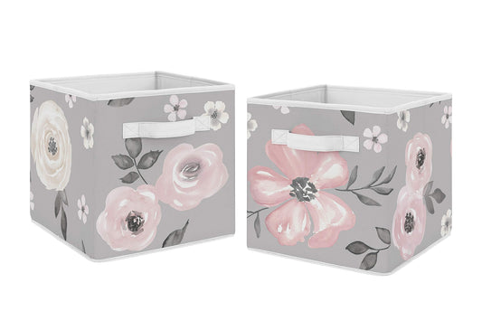 Sweet Jojo Designs Grey Watercolor Floral Foldable Fabric Storage Cube Bins Boxes Organizer Toys Kids Baby Childrens - Set of 2 - Blush Pink Gray and White Shabby Chic Rose Flower Farmhouse
