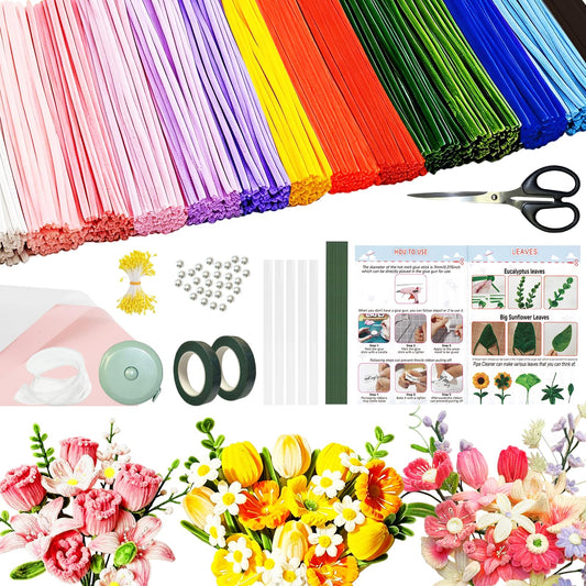1200PCS Pipe Cleaners Craft, Pipe Cleaner Flower Kit with Instruction, 14 Colors Chenille Stems Flower Making Kit with Stamen, Tape, Floral Wrapping Paper and Ribbon for Arts DIY Craft Supplies ﻿