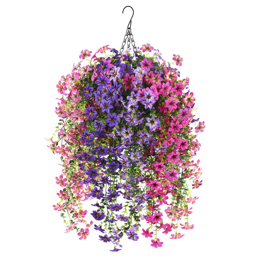 INQCMY Artificial Fake Hanging Plants Flowers Basket for Spring Outdoor Outside Decoration,UV Resistant Faux Silk Flower in Planter for Home Patio Porch Balcony Garden Yard Decor(Mixed Color)