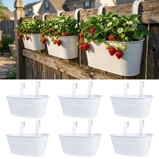 LaLaGreen Rail Planters for Outdoor (6 Pack, 11.2 Inch) White Metal Iron Hanging Flower Pots, Deck Railing Strawberry Planter Fence Bucket Wall Mount Window Box Plant Holder with Hooks Porch Decor