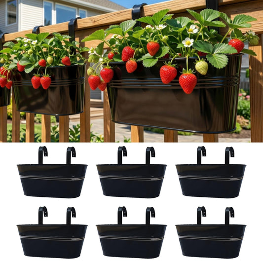 LaLaGreen Outdoor Plants Rail Planter Plants (6 Pack, 11.2 Inch) Black Metal Iron Hanging Flower Pots Deck Railings Fence Buckets Modern Style Wall Mount Window Box Plant Holder with Hooks Porch Decor