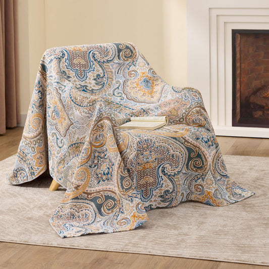 100% Cotton Boho Throw Blanket for Home Decor – Classic Farmhouse Quilt Bedding, Muslin Blankets for Adults, Vintage Woven Decorative Blanket for Couch, Bed Layering Use, Paisley Pattern, 50"x60"