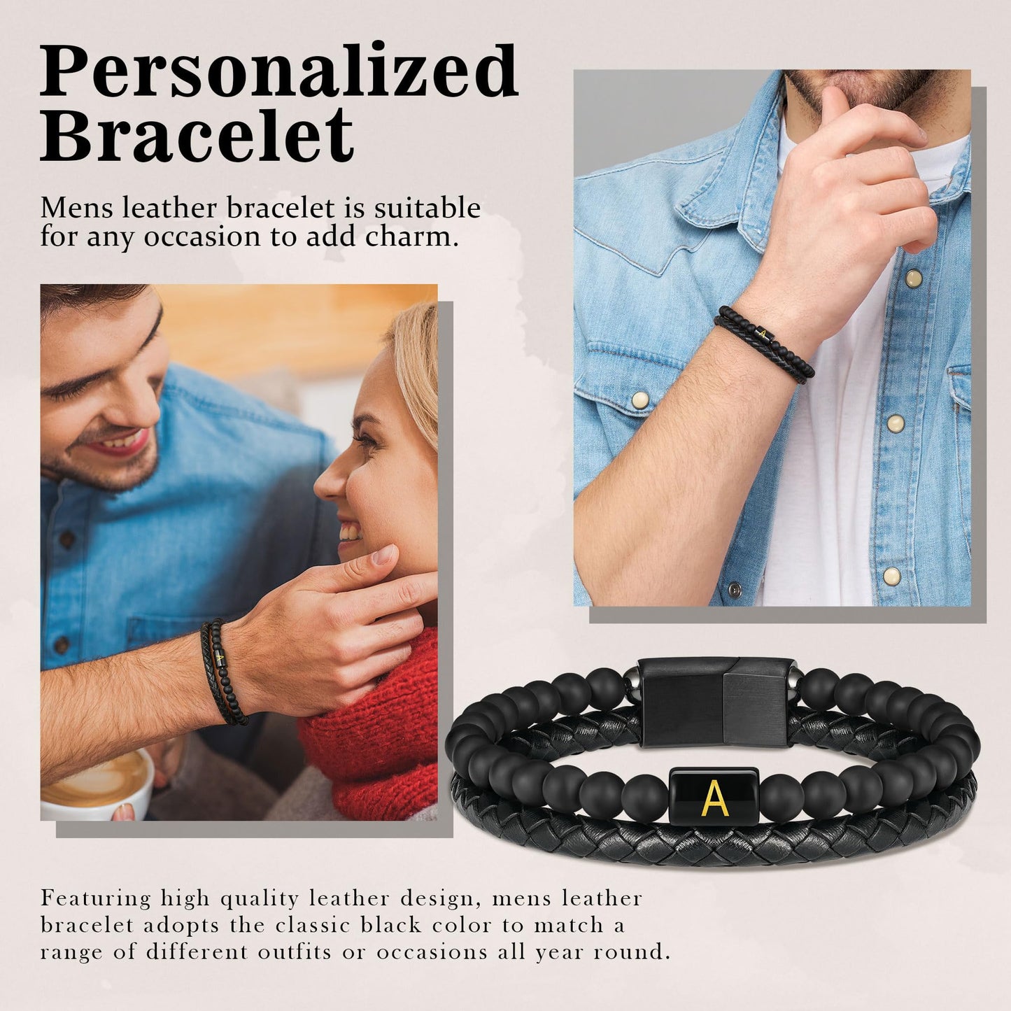 Bracelets for Men - Men Gifts Matte Agate Bead Magnetic Clasp Black Mens Leather Bracelet with Initial Black Mens Leather Bracelets Initial V Bracelet for Men's Jewelry Men's Gifts for Dad Husband Him