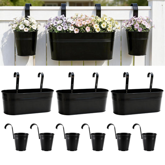 LaLaGreen 17 Inch Rail Planter (9-PIECE COMBO SET) Large Black Metal Hanging Rail Fence Flower Pots, Modern Balcony Railing Planter Garden Style Iron Patio Planters Outdoor Deck Decoration Porch Decor