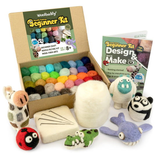 Woolbuddy Needle Felting Starter Kit –Make 6 Cute Characters(Yeti, Giraffe, Panda, Ladybug, Whale, Gator) – Complete Kit for Beginners & Adults with Wool Roving,Felting Needles,Pad & Instruction Guide