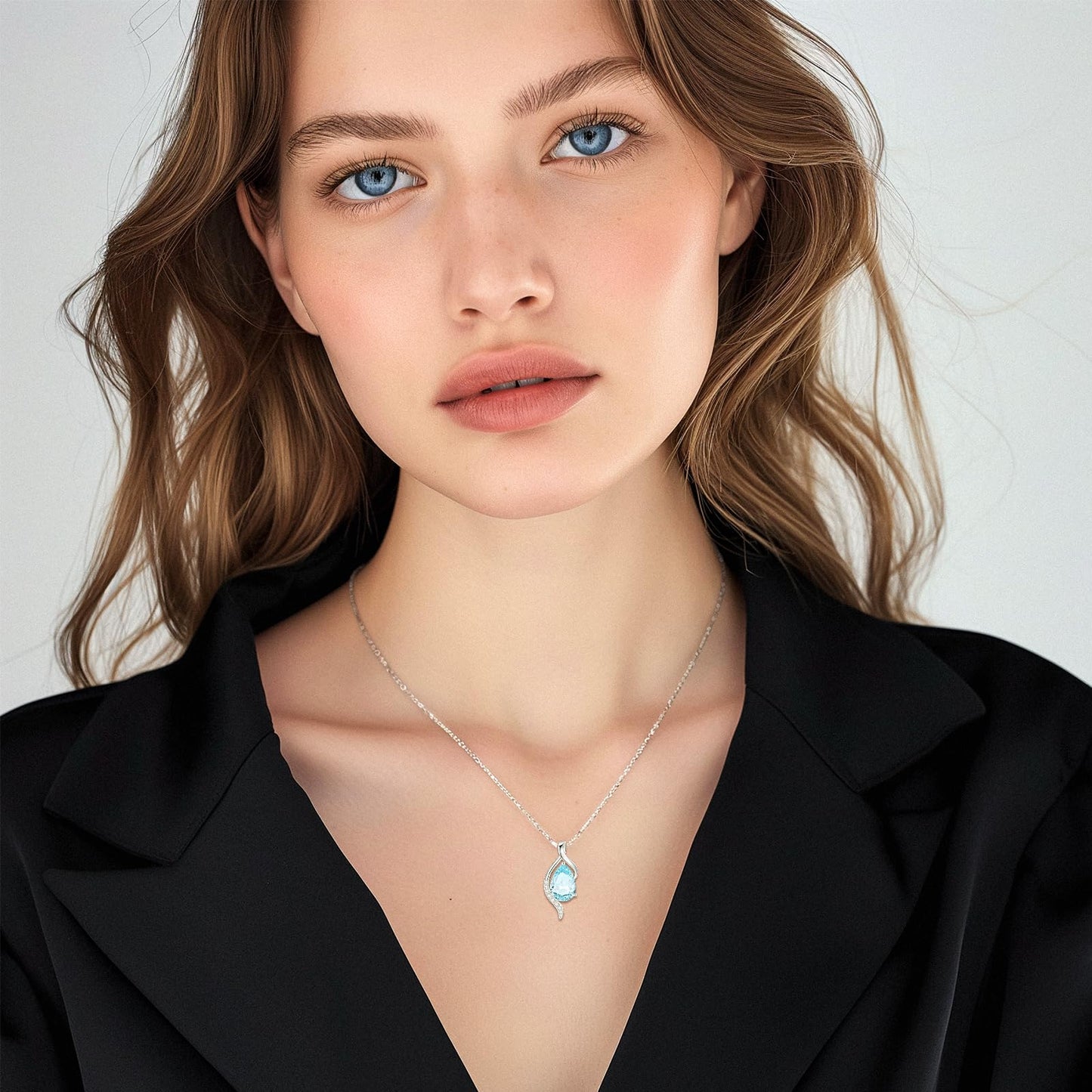 FANCIME March Birthstone Necklace for Women Teardrop Aquamarine Necklace S925 Sterling Silver Gentle Love Birthday Gifts for Mom Women, 16"+2" Inches