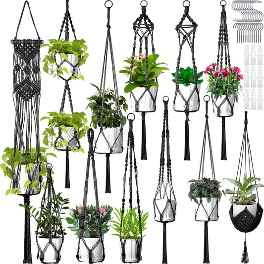 Hoteam 12 Pcs Macrame Plant Hangers Macrame Hanging Planters for Indoor Plants Handmade Boho Hanging Baskets Flower Pots Holder for Outdoor Home Wall Decor(Black)