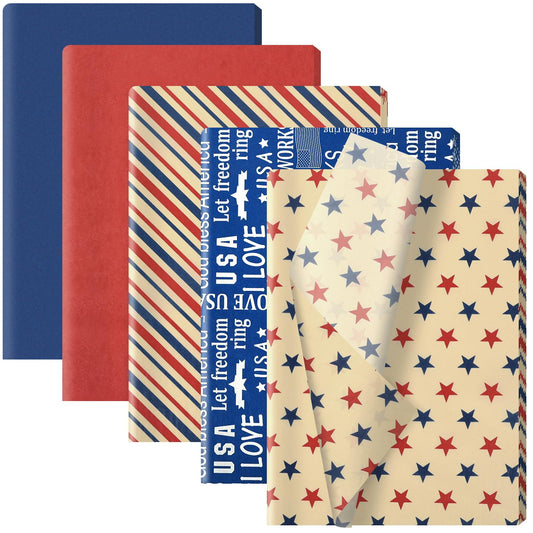 100 Sheet Retro Patriotic Tissue Paper, 5 Styles Stars Stripes Patterns Patriotic Art Tissue Paper for Veterans Day DIY Crafts 4th of July American National Day Party Supplies, 13.8 x 19.7‘’