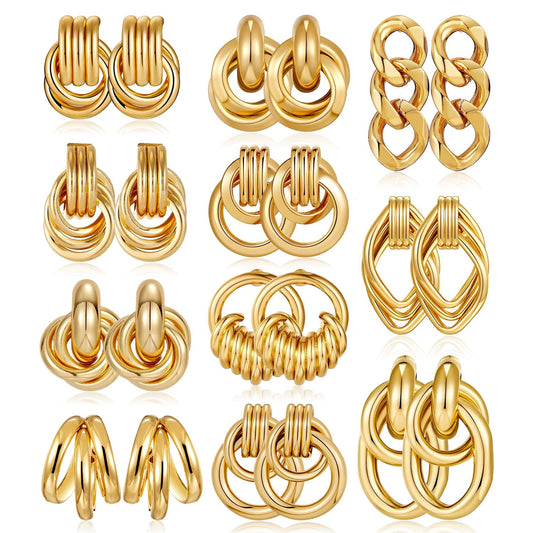 11 Pairs Trendy Gold Knot Earrings for Women Chunky Statement Long Link Drop Dangle Earrings Fashion Lightweight Hypoallergenic Jewelry Set (Gold)