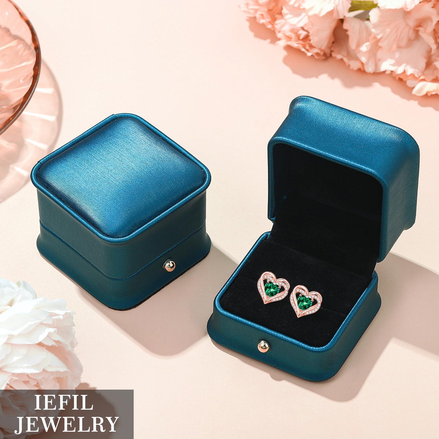 Iefil Earrings for Women, 925 Sterling Silver March Birthstone Blue Aquamarine Earrings Rose-Gold-Plated Heart Stud Earrings