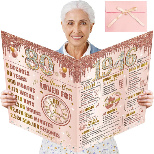 Turypaty 80th Birthday Card - Large Pink Rose Gold Design with Envelope | Giant Guest Signature Book Gift