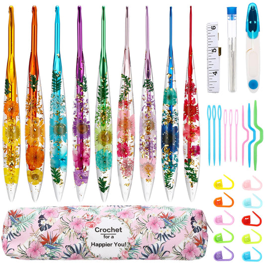 Riceshoot 9 Pcs Crochet Hook Set, 2.0mm-6.0mm Ergonomic Crochet Hooks with Long Floral Handle for Beginners Crocheting Lovers, Includes Storage Bag and Other Accessories