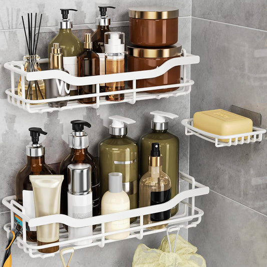 OMAIRA Shower Caddy - 3-Pack Adhesive Rustproof Organizer with Soap Holder for Smooth Walls | White (X-Large)